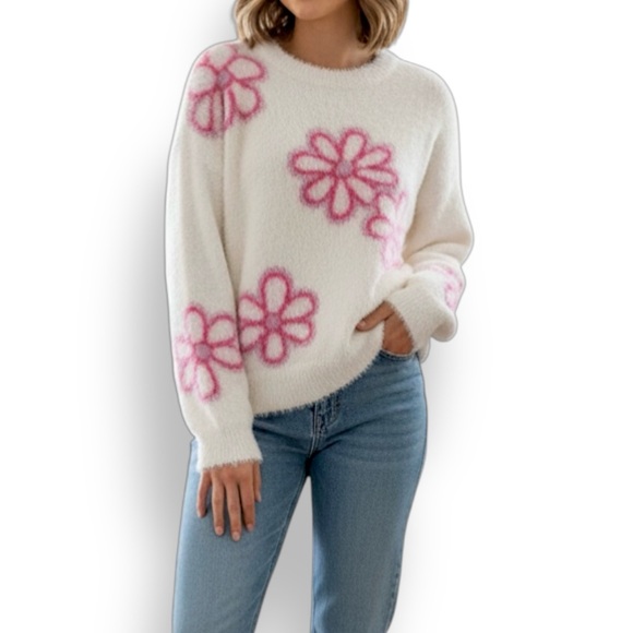 Pink Flower Fuzzy Knit Sweater – Size Small - Picture 3 of 7